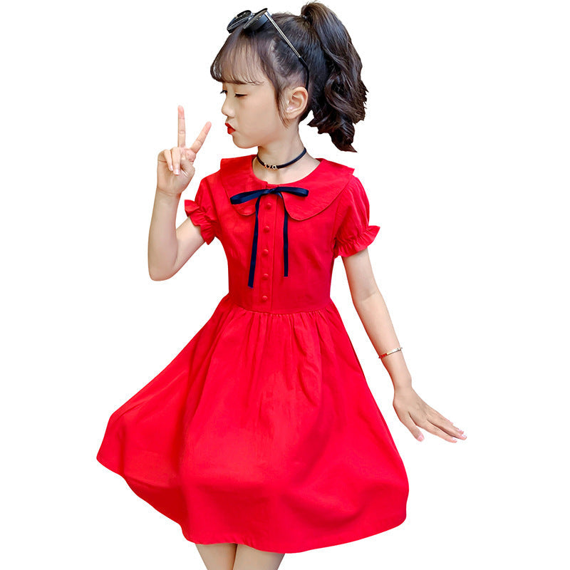 Girls short-sleeved dress summer new style solid color cotton dress pure cotton dress short-sleeved doll collar dress princess dress