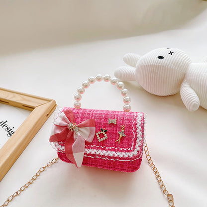 Fashion Princess Chanel Style Girls Crossbody Bag Pearl Children's Handbag Korean Style Bowknot Shoulder Bag