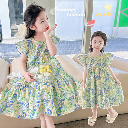 Girls summer cotton dress floral elementary school students kindergarten middle and large children pure cotton skirt ruffled vest skirt