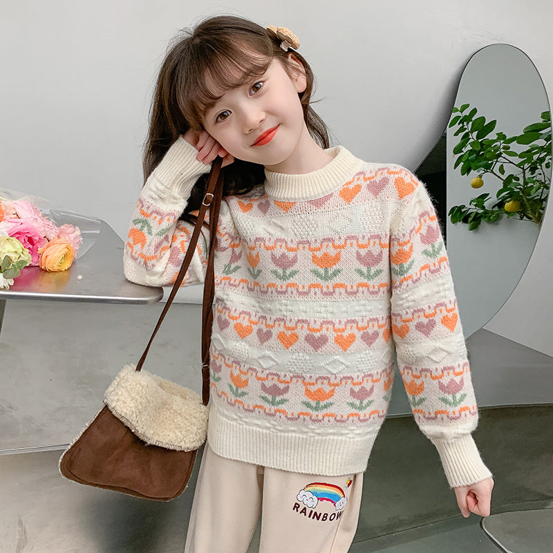 Winter girls' baby thick sweater warm pullover tulip round neck student retro Japanese forest sweater