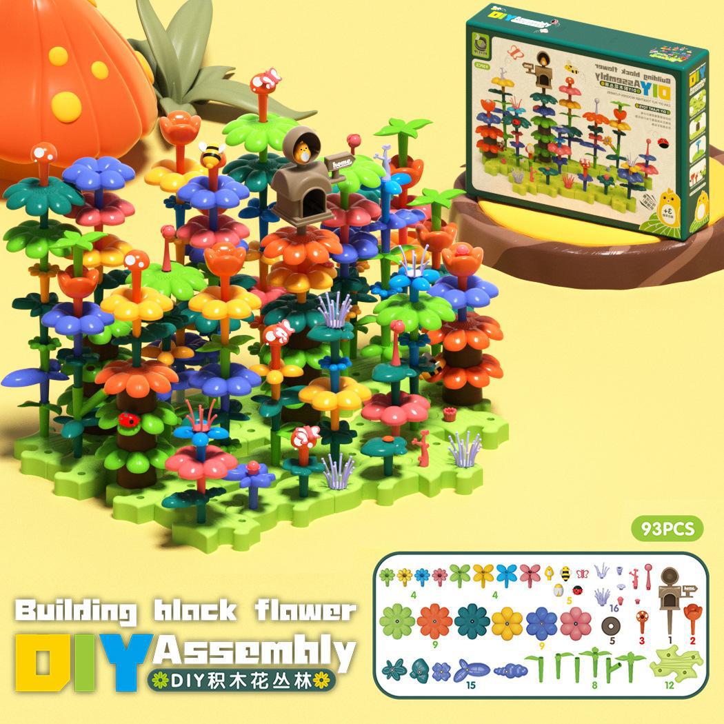 Cross-border children's educational building blocks, DIY flower clusters, garden world set, boys and girls building blocks toys