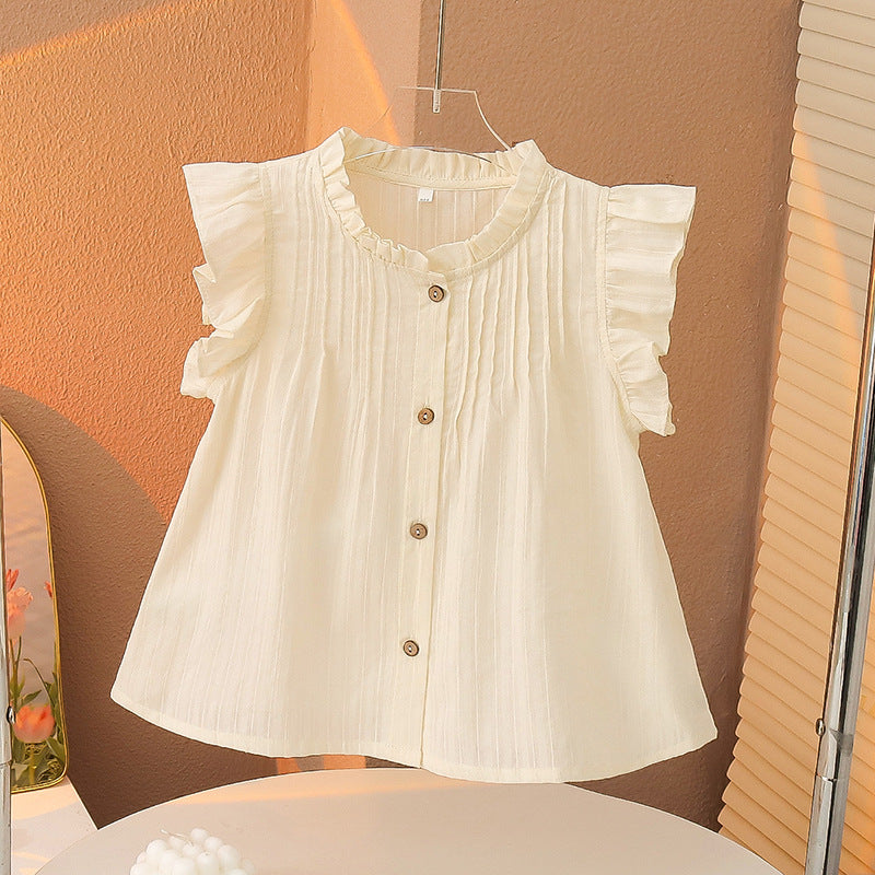 Girls summer cotton short-sleeved shirt tops pure cotton white striped blouse Korean style fragrant French style celebrity children