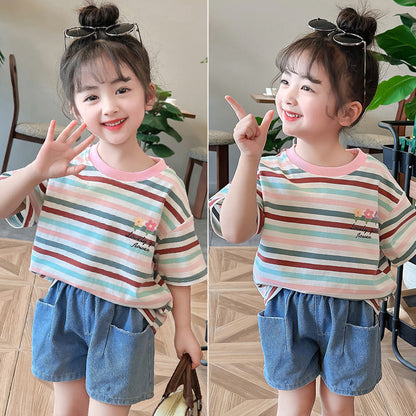 Children's summer striped tops short-sleeved cotton T-shirts elastic printed flowers kindergarten elementary school elastic loose middle and large children