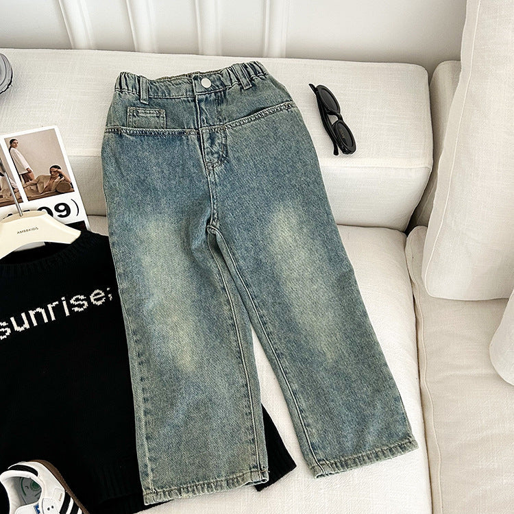 Amo Beibei 2024 Spring Children's Wide-leg Pants Boys and Girls Stylish Splicing Personalized Pocket Straight Jeans