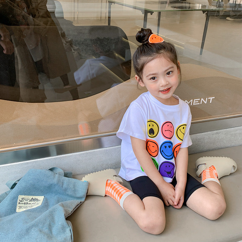 2024 Summer New Korean Version Children's Smiley Face Printed Casual Loose Short Sleeve Boys and Girls Baby Bottom T-shirt Trend