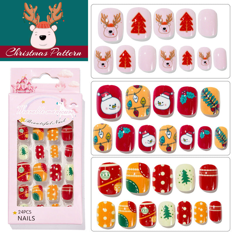 Christmas children's nail tips short wearable nail tips finished cute nail art children's nail art fake nail tips