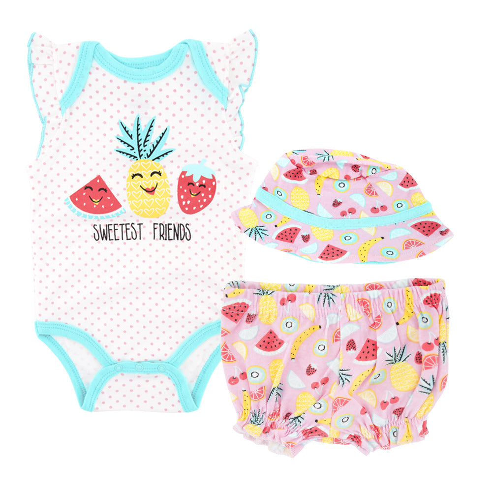 Baby suit 3 piece set 2024 summer new arrival newborn short-sleeved clothes cartoon gauze skirt baby girl suit