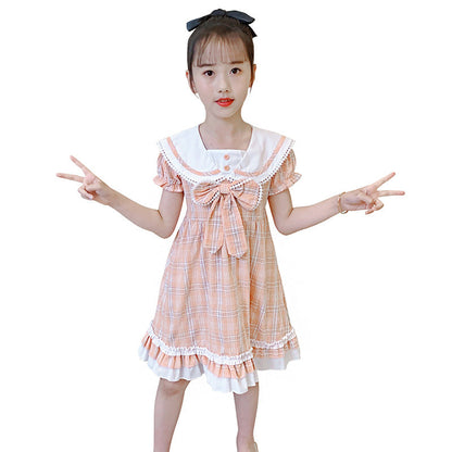 Girls short-sleeved dress summer new style college style bow dress Lolita skirt JK uniform plaid skirt