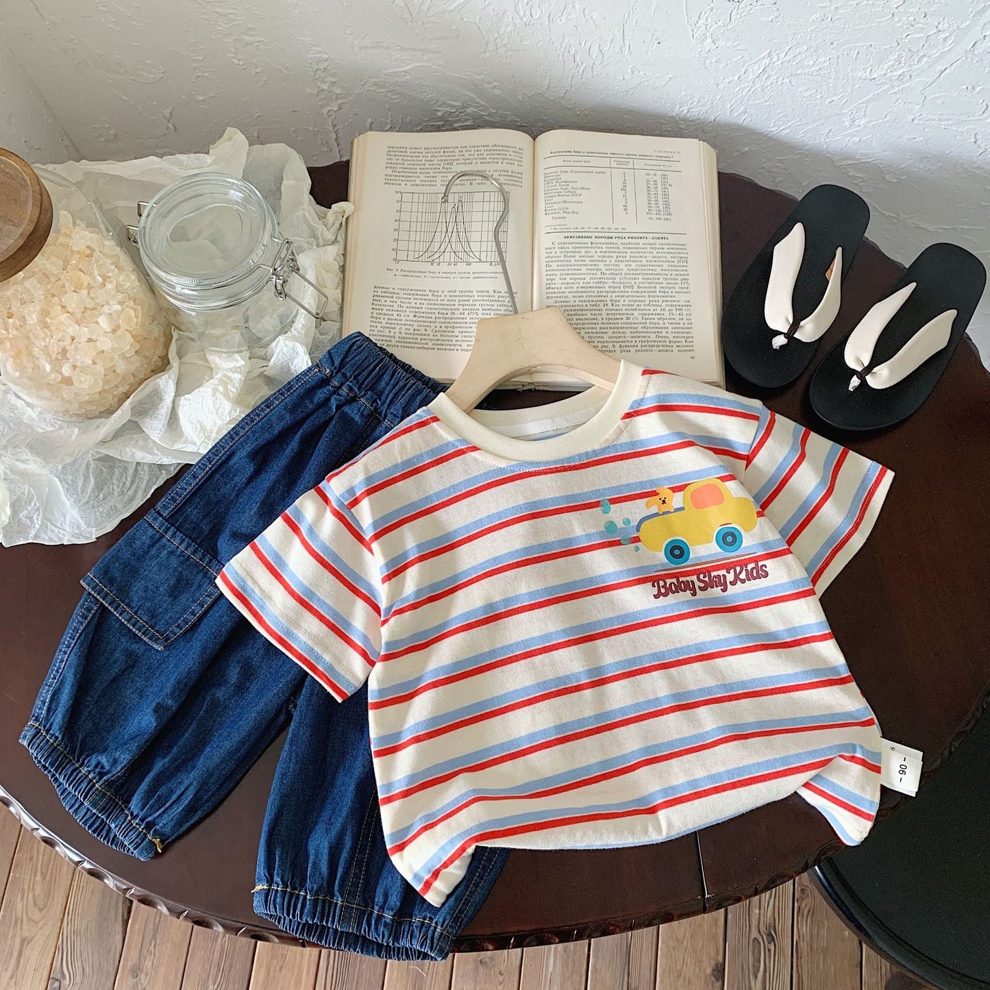 Children's T-shirt Bangcheng 2024 summer children's clothing colorful striped short T-shirt boy short-sleeved cartoon top G0267