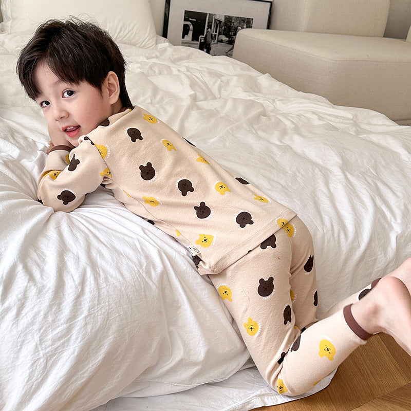 Children's A-type autumn and winter pajamas for boys and girls woolen pull-up home clothes for babies, small and large children, cartoon thermal underwear