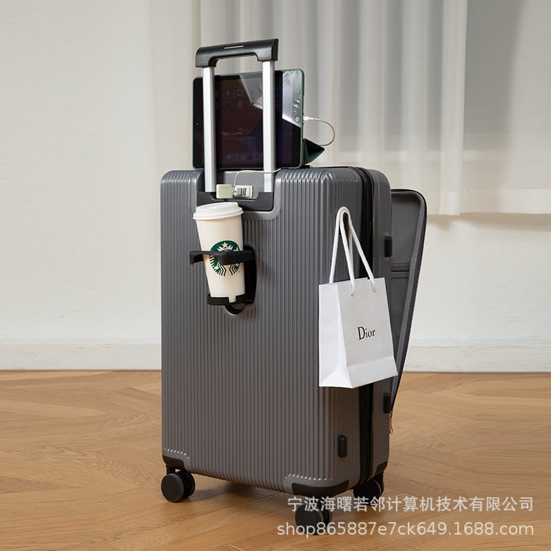 Suitcase with USB interface, front opening trolley case for women, men's fashion cup holder, password suitcase 20 cabin case 