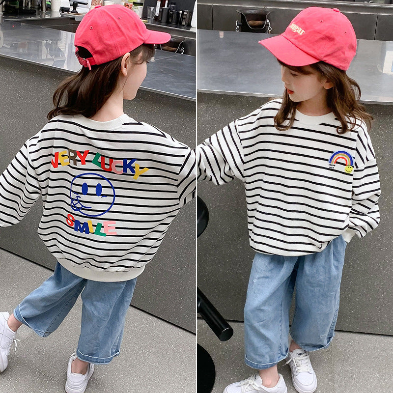 Children's Girls 2024 Spring New Long Sleeve Tops Bottoming Shirt Black and White Striped Printing Colored Cotton Elastic Loose