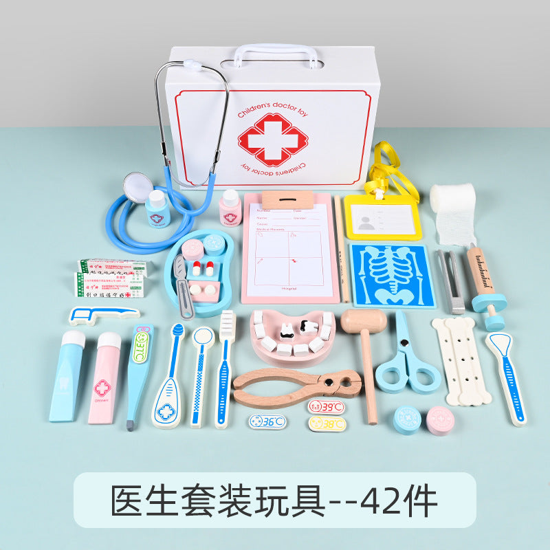 Wooden simulation 43 pieces baby injection medical tools children's wooden play house doctor toy set wholesale