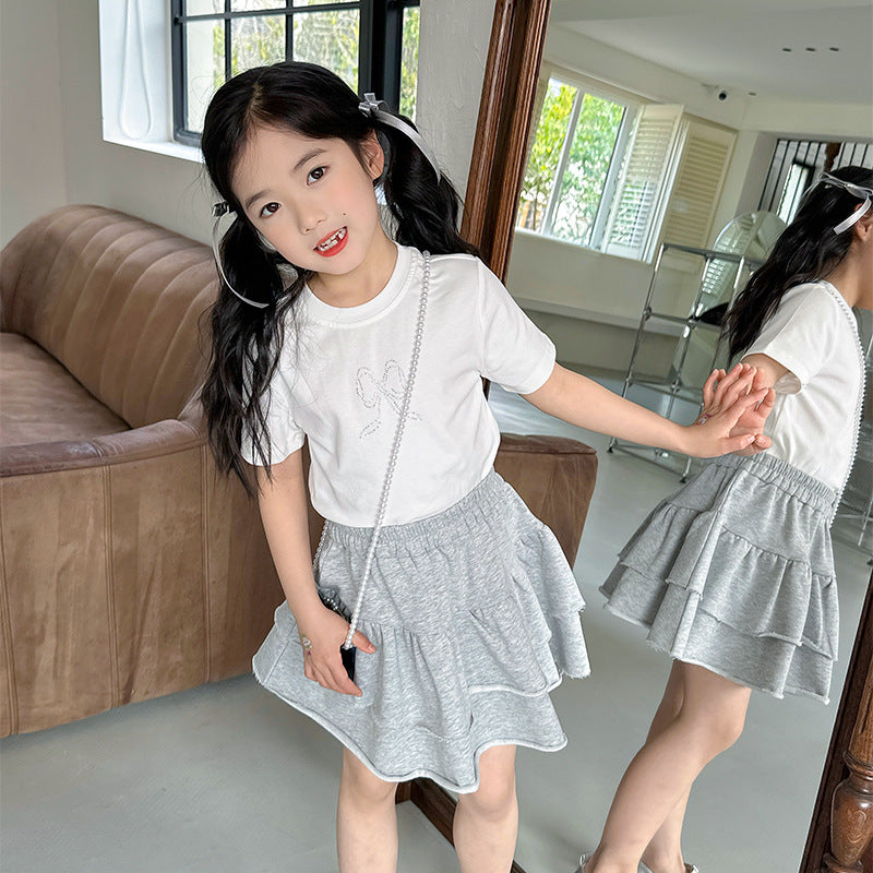 2024 Spring and Summer New Korean Version Small and Medium-sized Children Girls Bowknot Hot Diamond Short-sleeved T-shirt Short Style Ins Sweet Girl Top Trend