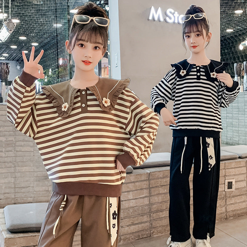 2024 Girls Autumn Suit Striped Sports Korean Two-piece Set Elastic Flower Middle and Large Children Student Kindergarten Western