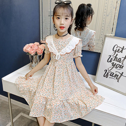 Girls short-sleeved dress 2024 summer new children's chiffon floral dress middle and large children's pastoral style dress