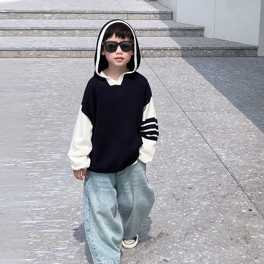 Children's autumn clothing boys hooded sweater baby pullover knitted sweater 2024 spring and autumn new boys stylish tops