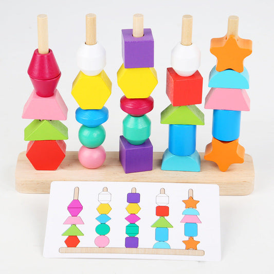 Wooden puzzle five-column set of column beads children's toys color shape perception enlightenment rainbow beaded building block toys