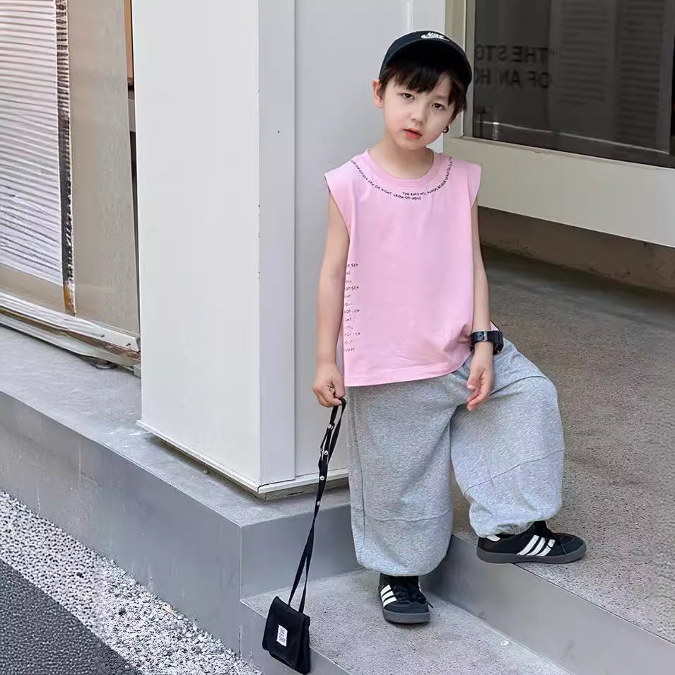 Amo Beibei children's 2024 summer loose letter trousers for boys and girls baby splicing light and thin style leggings sweatpants trend