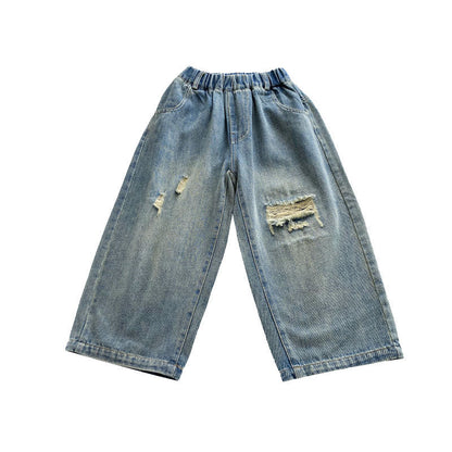 Boys pants children autumn jeans baby loose ripped pants 2024 spring and autumn new boys pants trend