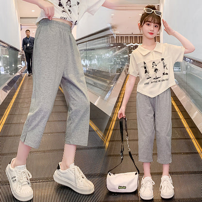 Summer girls' elastic cropped pants thin loose fat cotton elastic middle and large children's outer wear wide-leg pants sports shorts