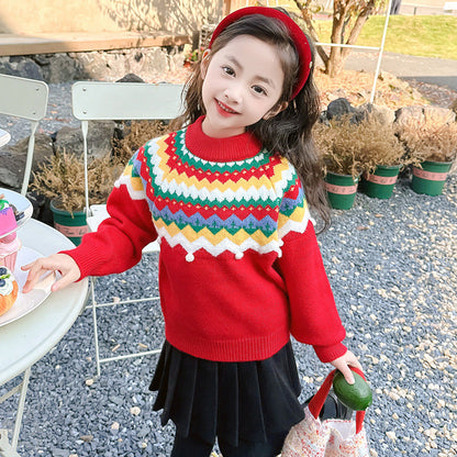 Girls' new sweater pullover knitted sweater bottom line sweater Christmas red top thick warm round neck outer wear