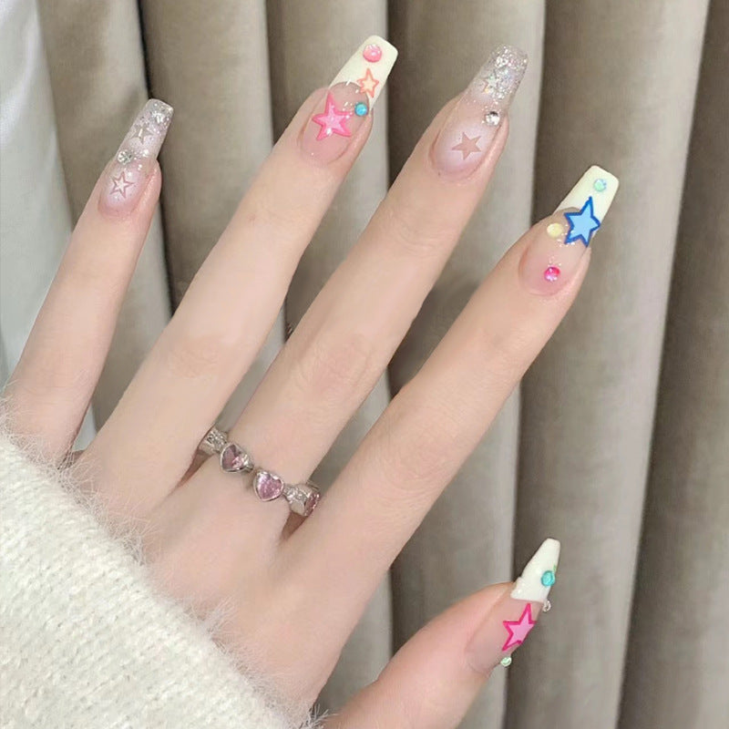 Handmade wear nails wholesale medium and long French five-pointed star nail art finished product removable nail stickers false nails