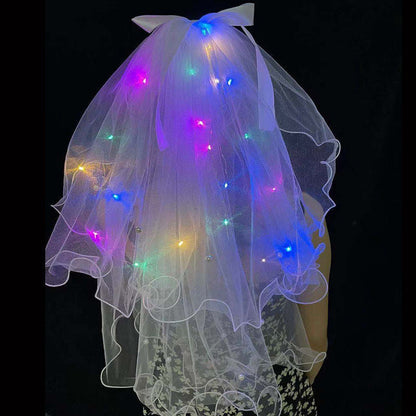 Luminous double-layer pearl veil net celebrity with light soft yarn flashing veil girl dress up tassel pearl crown headdress