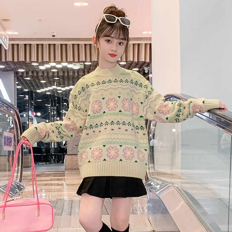 Girls 2024 new sweater pastoral style forest sweater Korean flower Japanese light green student campus style