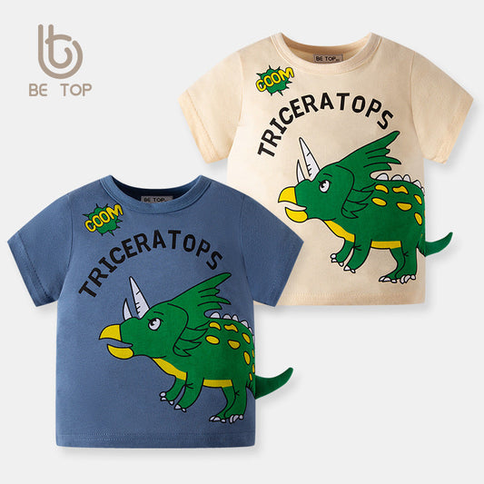 New children's short-sleeved T-shirt with cartoon dinosaur prints for boys, pure cotton tops for summer, Korean style, round neck, one piece for delivery