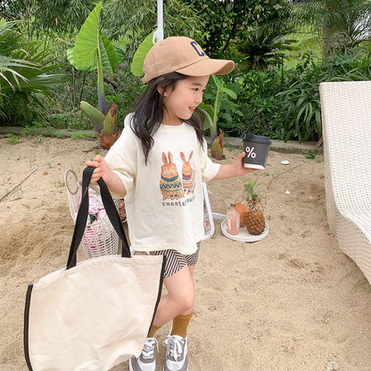 2024 summer new style girls bunny cartoon print short-sleeved T-shirt children baby stylish half-sleeved top trend