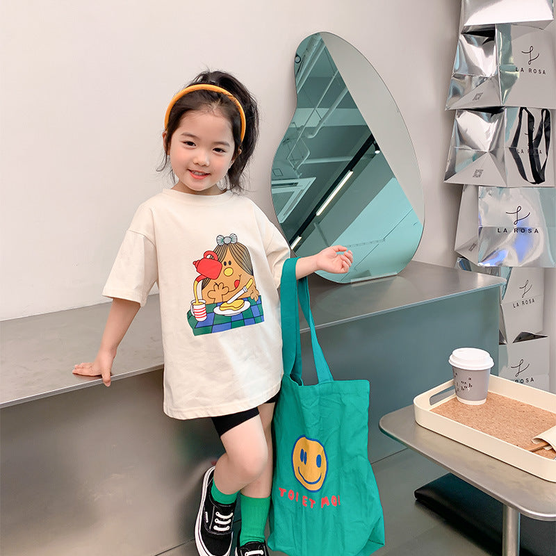 2024 Summer New Korean Version Children's Cartoon Print Casual Loose Short Sleeve Boys and Girls Baby Bottom T-shirt Trend