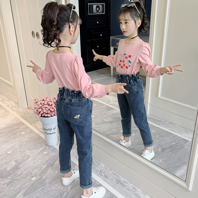 Girls jeans spring 2024 new Korean style flower bud pants slim fit medium and large children's pants trousers