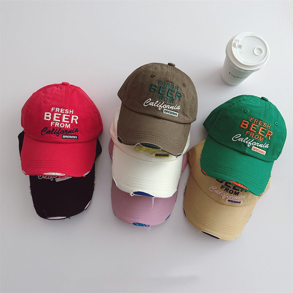 Children's hat 2024 spring and summer boys and girls embroidered letters baseball cap baby retro hole sun hat duckbill cap