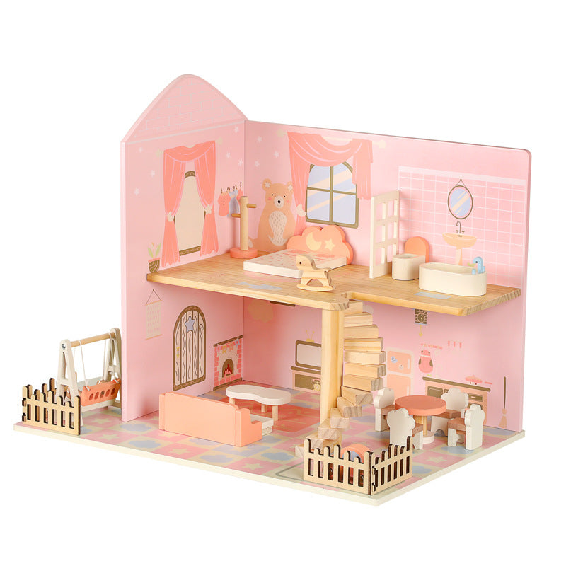 Children's wooden bedroom furniture baby role play desktop simulation princess doll house villa play house toys