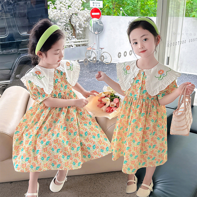 Girls summer floral cotton dress puff sleeves pure cotton pastoral style doll collar small children kindergarten sweet