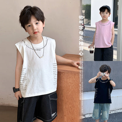 Amo Beibei boy 2024 summer Korean version handsome letter comfortable vest baby double yarn cotton loose sleeveless top