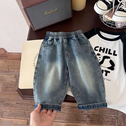 Children's jeans 2024 summer new boys cartoon denim trendy cropped pants children's versatile casual shorts