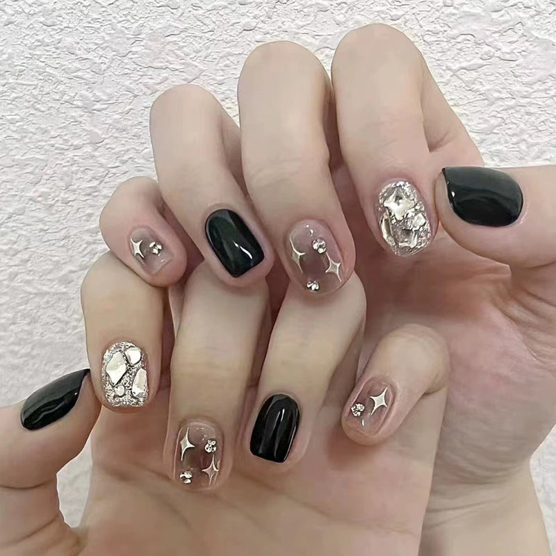 Wearable nail art finished product wholesale Douyin hot short black aurora crushed diamond nail stickers false nails nail pieces 