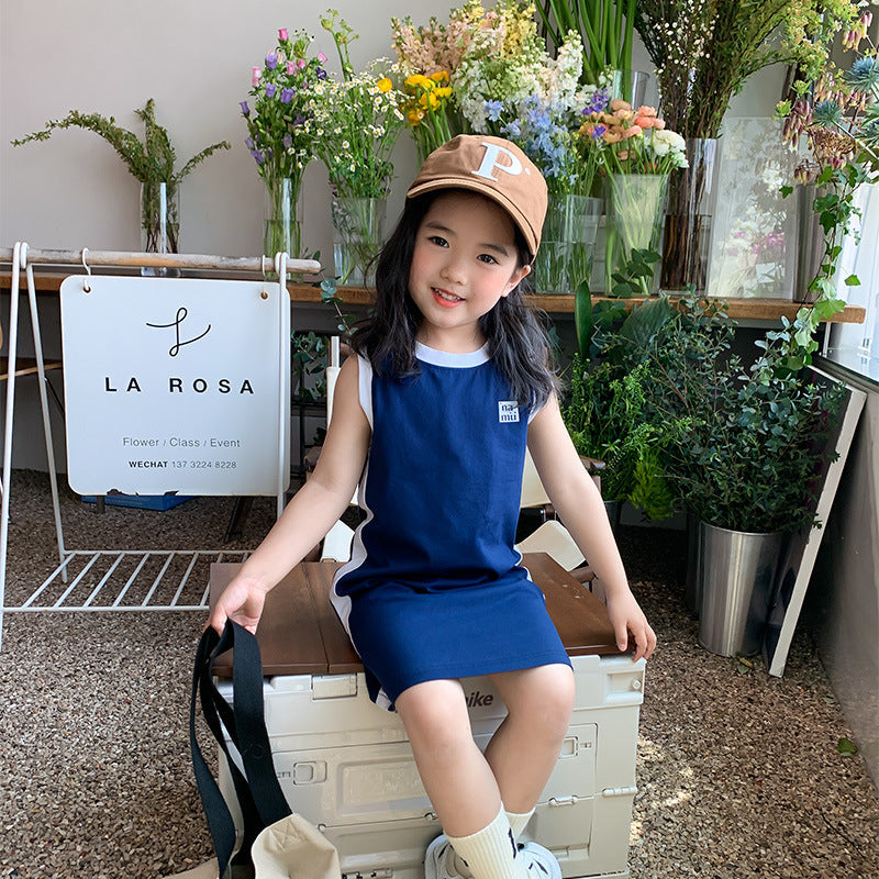 Korean children's clothing 2024 summer girls sleeveless vest dress small and medium children's long color matching sports style skirt