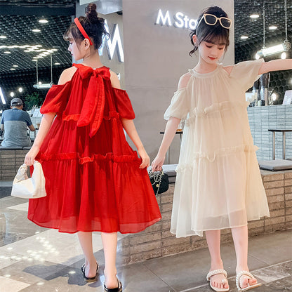 Girls summer seaside long skirt beach skirt retro chiffon French travel vacation loose sling fairy elegant red