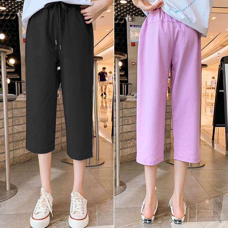 Girls summer cotton cropped trousers wide-leg trousers elastic loose net celebrity straight trousers sports leisure summer primary school student trend