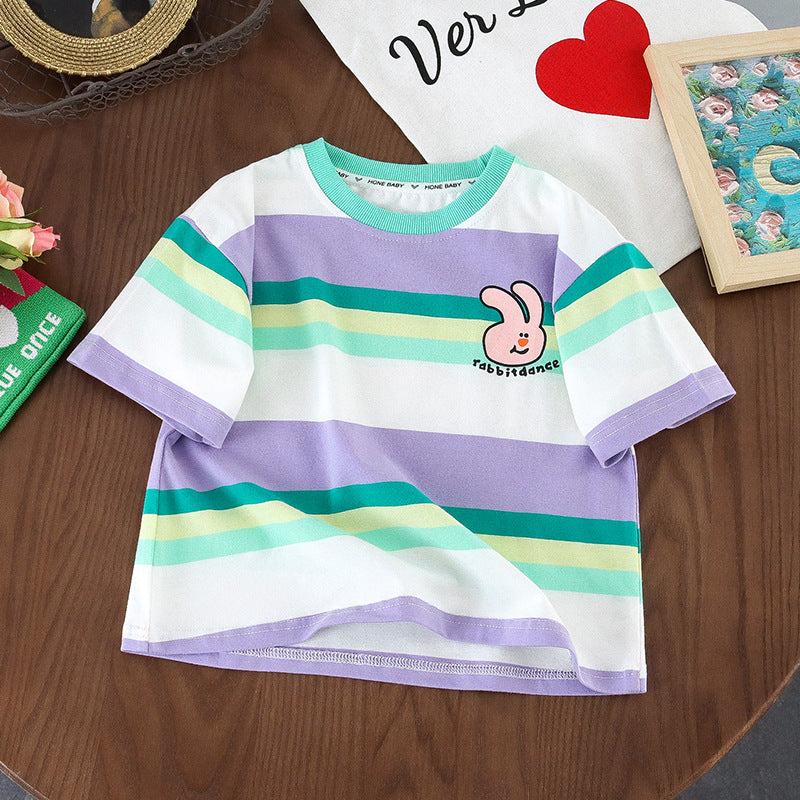 Children's summer short-sleeved tops cotton T-shirt striped shirt elastic loose small children kindergarten primary school fat sweat tide