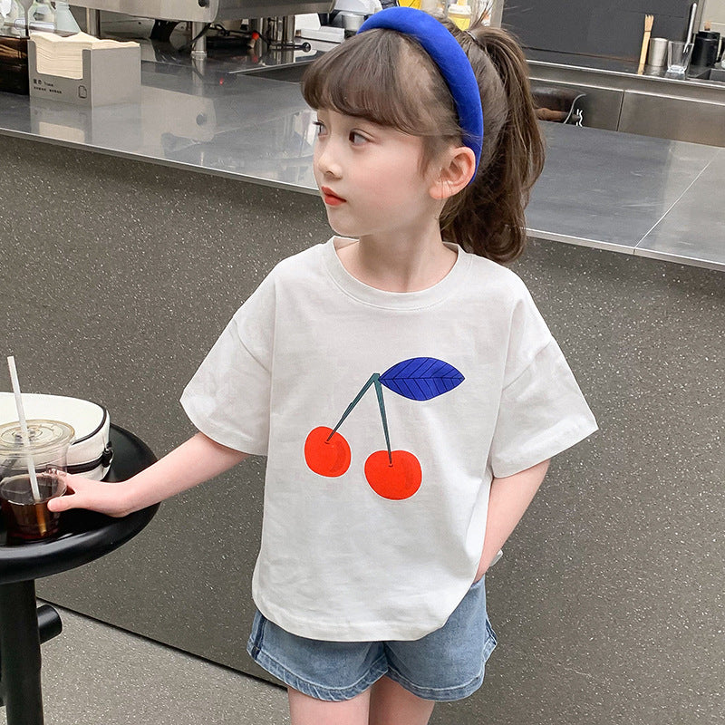 Girls Summer Short-sleeved T-shirt Cotton Top Children's Summer Style Net Red Cherry Print Kindergarten Elementary School Loose Elastic