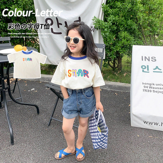 2024 summer new children's clothing boys and girls colorful letter short-sleeved T-shirts Korean version children's small and medium children's fashionable tops