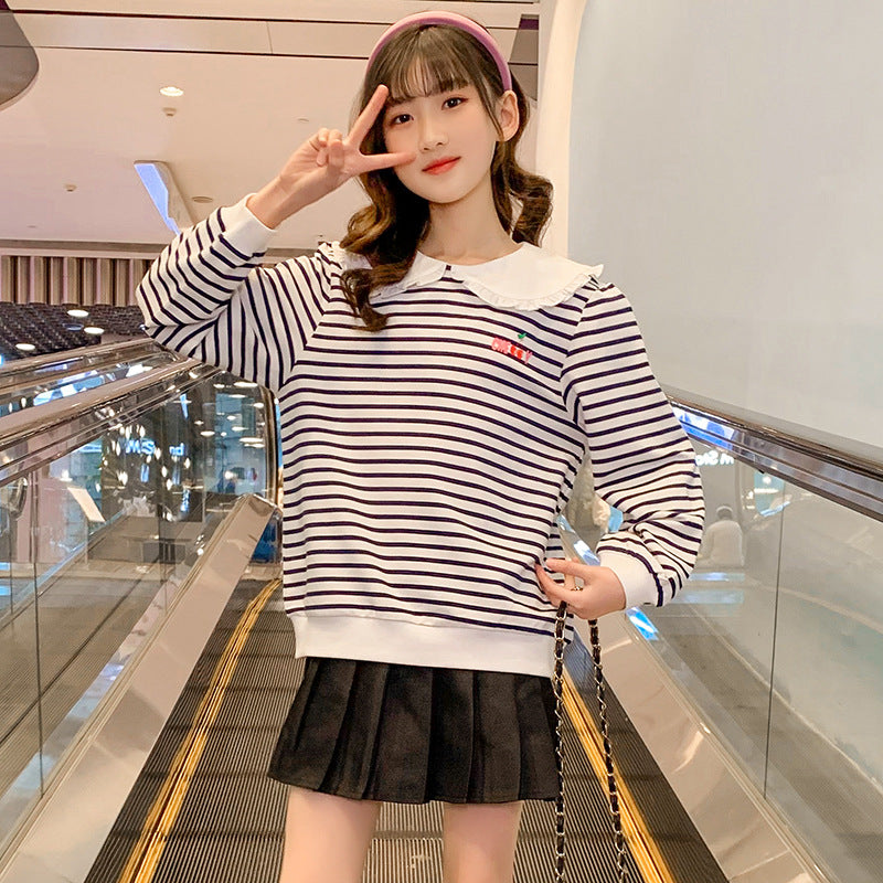 Girls Spring and Autumn Pullover Striped Shirt Doll Collar Small Chanel Style Wood Ear Edge Medium and Large Children Cotton Korean Style Outerwear Western Style