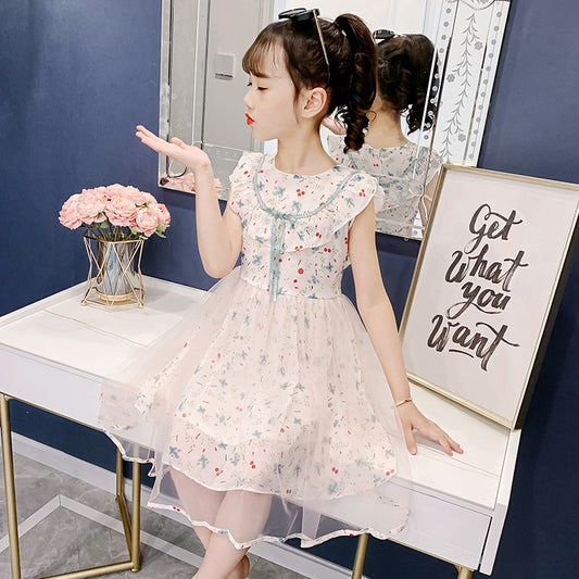 Girls Dress Summer Dress 2024 New Style Internet Celebrity Children's Gauze Dress Floral Little Girl Short Sleeve Princess Dress