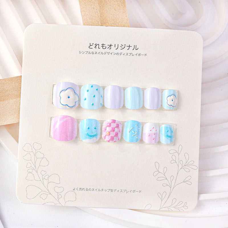 Children's wearable nails short girls wearable nail stickers false nail stickers embossed nail pieces cute cartoon students