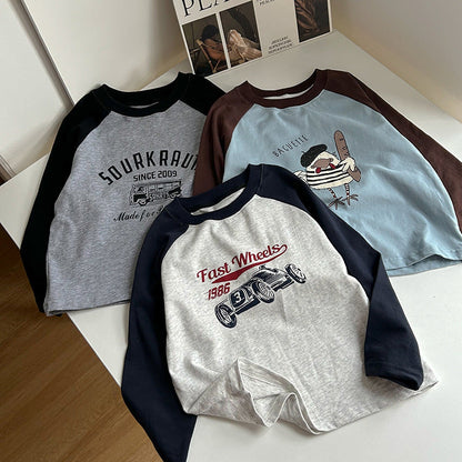 Amo Beibei children's tops 2024 spring cartoon raglan long-sleeved T-shirt boy handsome round neck contrast color bottoming shirt