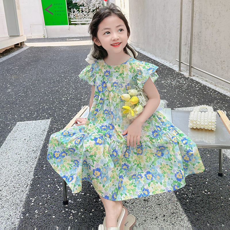 Girls summer cotton dress floral elementary school students kindergarten middle and large children pure cotton skirt ruffled vest skirt